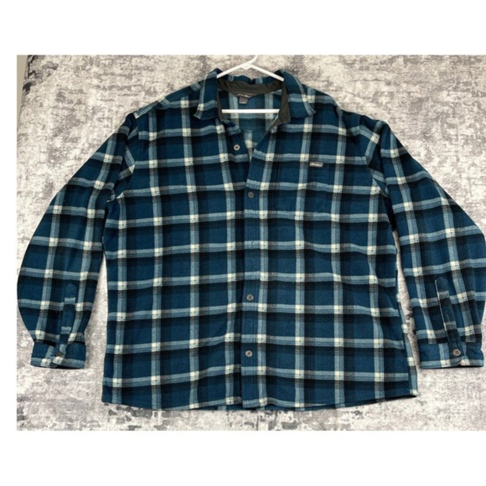 Eddie Bauer Plaid Flannel Long Sleeve Button Up Shirt Men Large Blue Black White